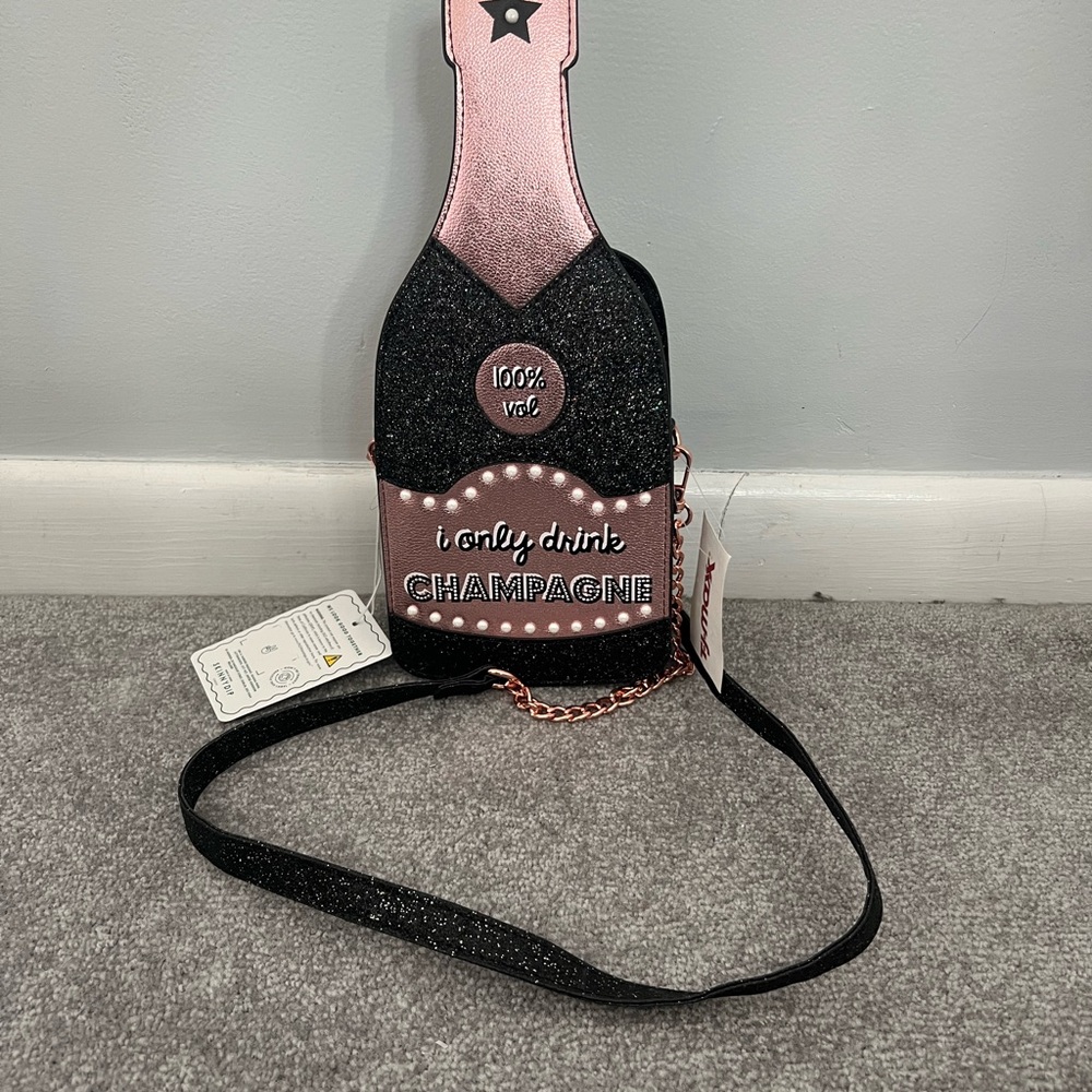 Pink and Black Champagne Bottle Crossbody Bag